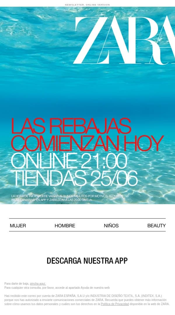 REBAJAS | Hoy a las 21:00 online email from Zara screenshot