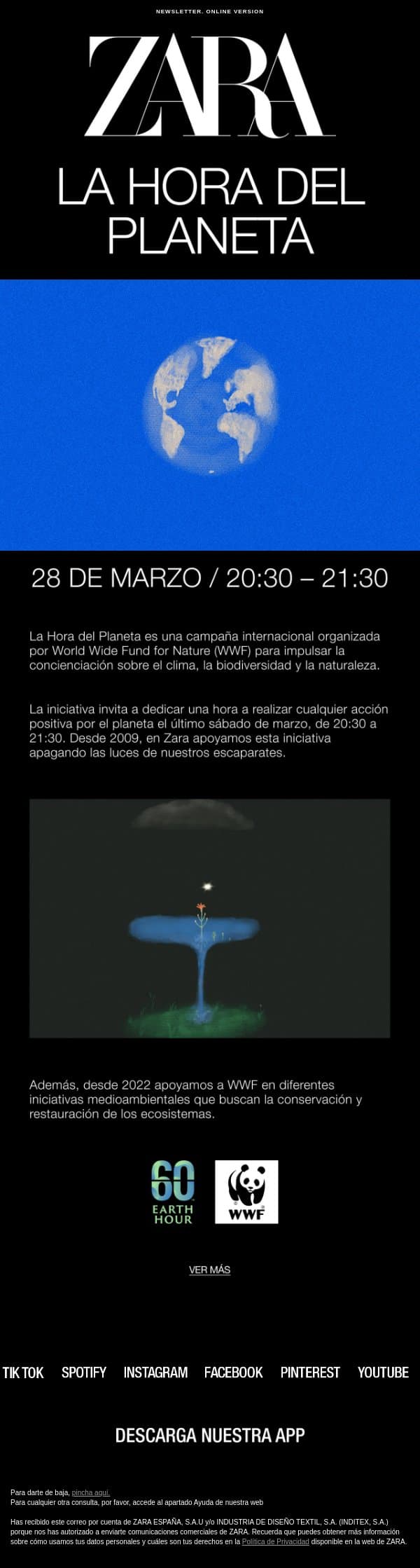 LA HORA DEL PLANETA email from Zara screenshot