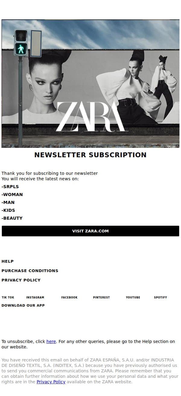 Newsletter Subscription email from Zara screenshot