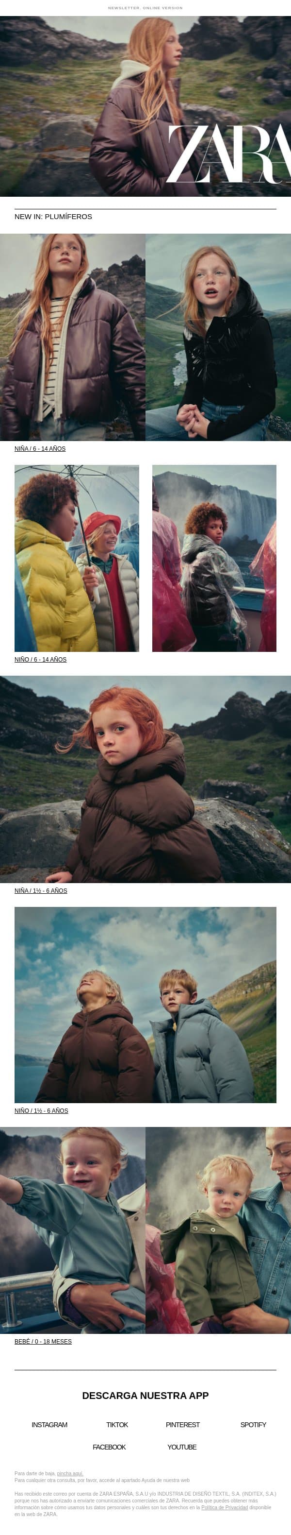 New In: Plumíferos email from Zara screenshot