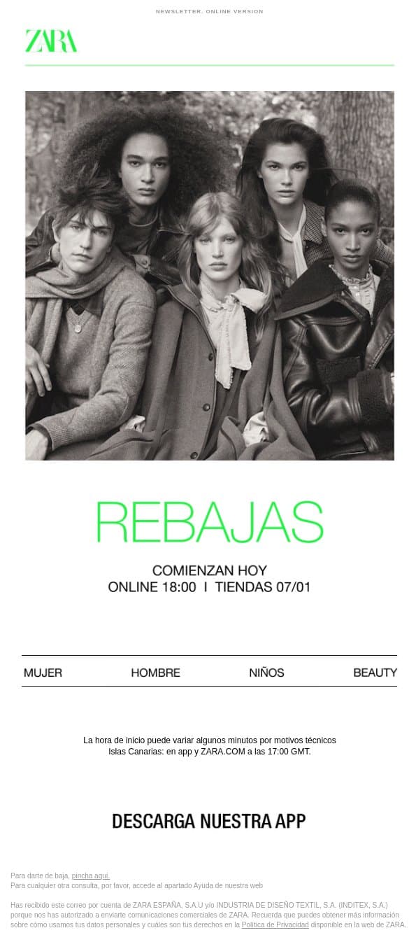 REBAJAS | Hoy a las 18:00 online email from Zara screenshot