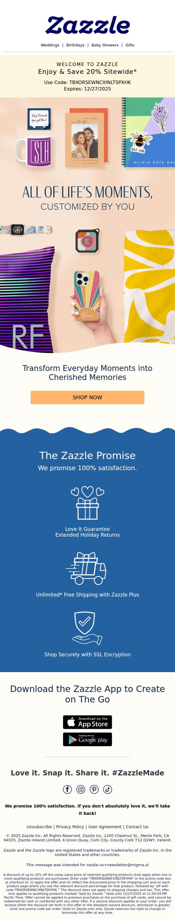 👋 Welcome to Zazzle, Save 20% Sitewide! email from Zazzle screenshot