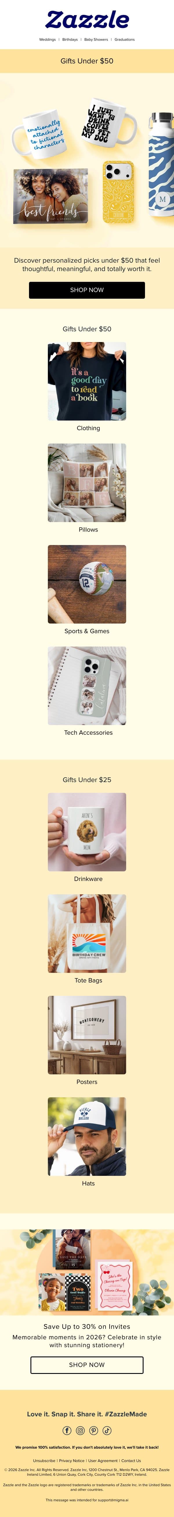 Personalized Gifts Under $50 💛 email from Zazzle screenshot