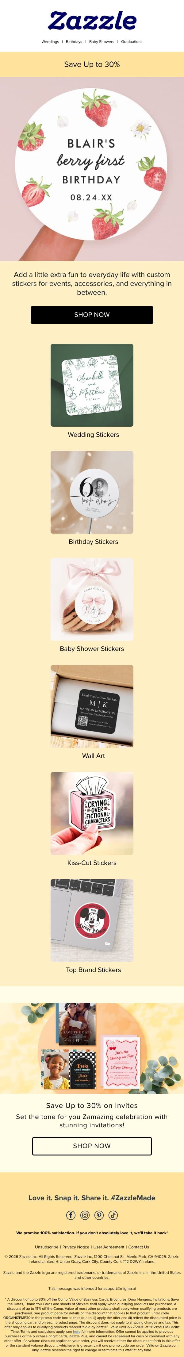Score Stellar Savings on Stickers 🤩 email from Zazzle screenshot