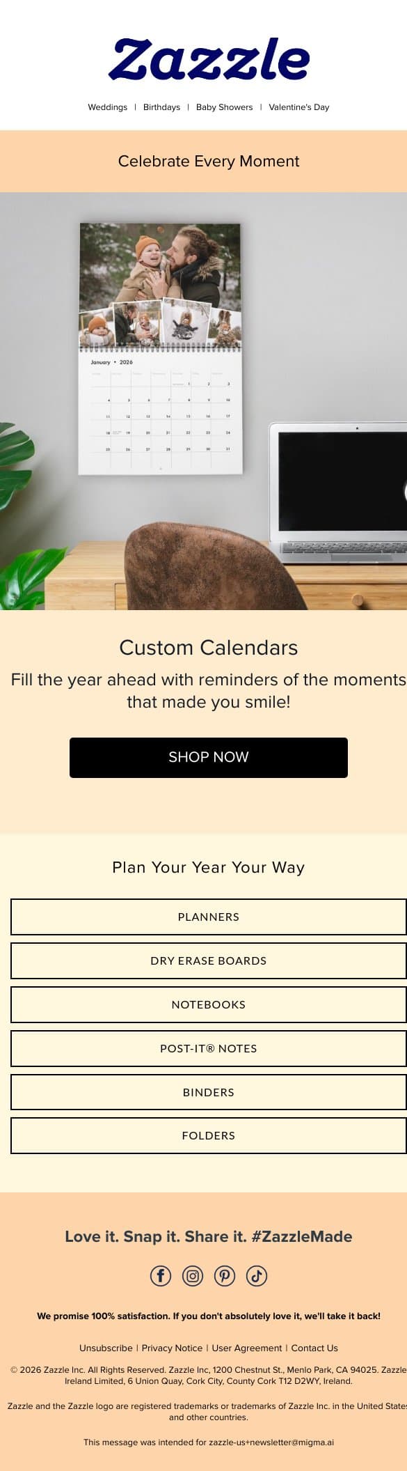 Trending Now: Custom 2026 Calendars! email from Zazzle screenshot