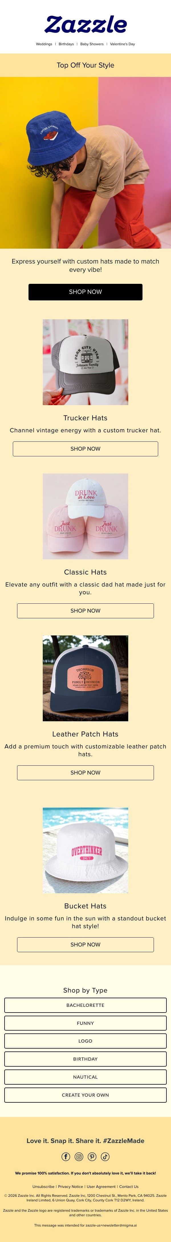 Which Hat Suits You Best? email from Zazzle screenshot