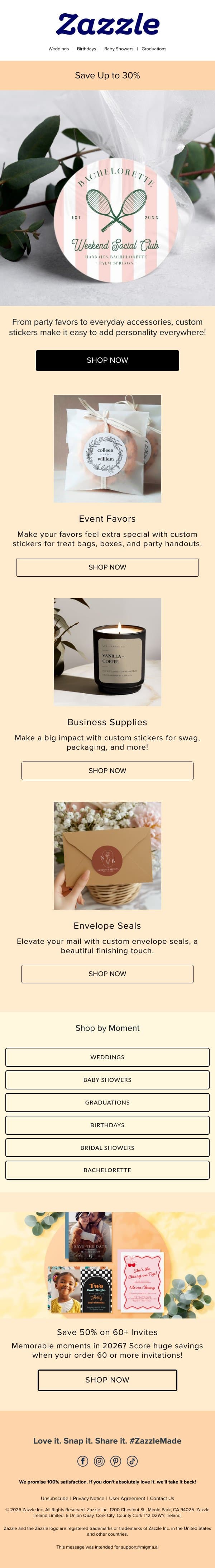 Starts Now: Stellar Savings on Stickers! email from Zazzle screenshot