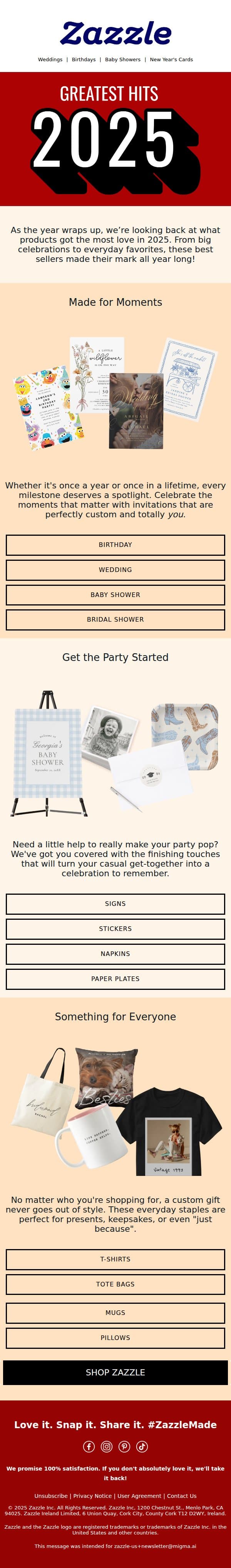 2025's Greatest Hits 🤩 email from Zazzle screenshot