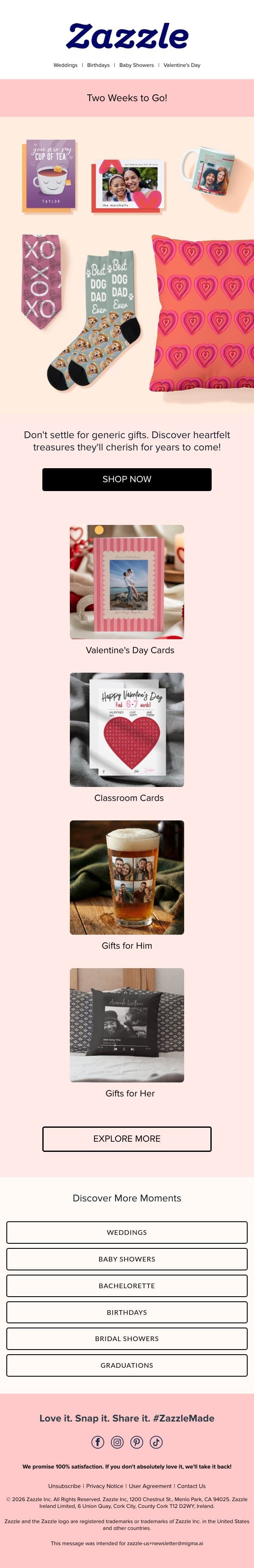 Valentine’s Day is 2 Weeks Away 💝 email from Zazzle screenshot