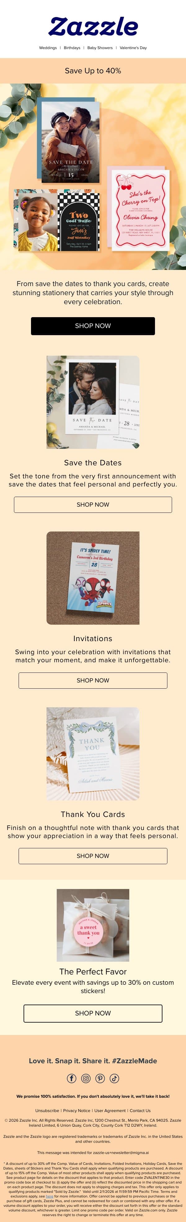 Starts Now: Save Up to 40% on Invites! email from Zazzle screenshot