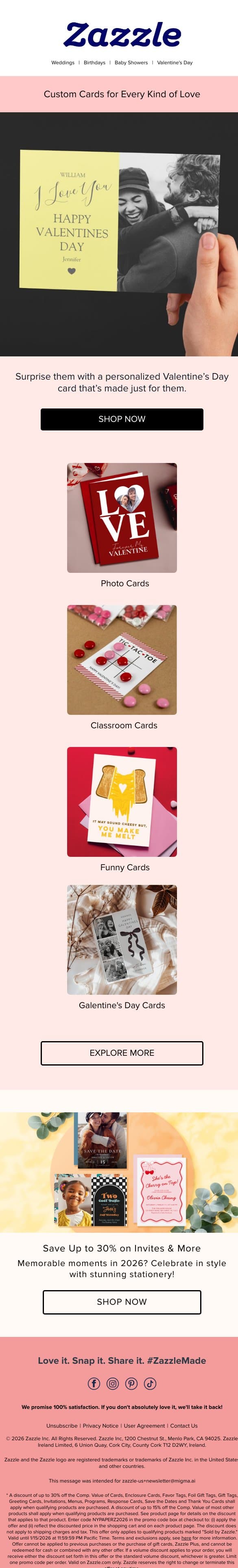 Valentine's Day Cards They'll Actually Love email from Zazzle screenshot