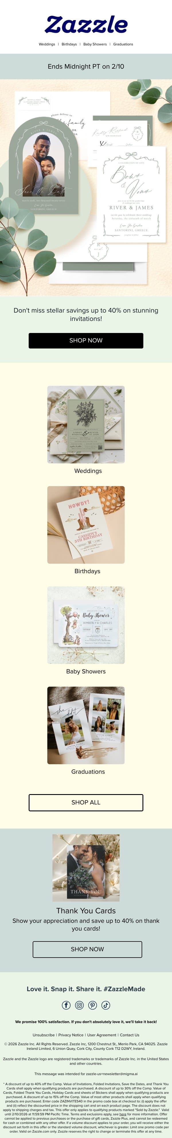 Ends Midnight: Save Up to 40% on Invites! email from Zazzle screenshot