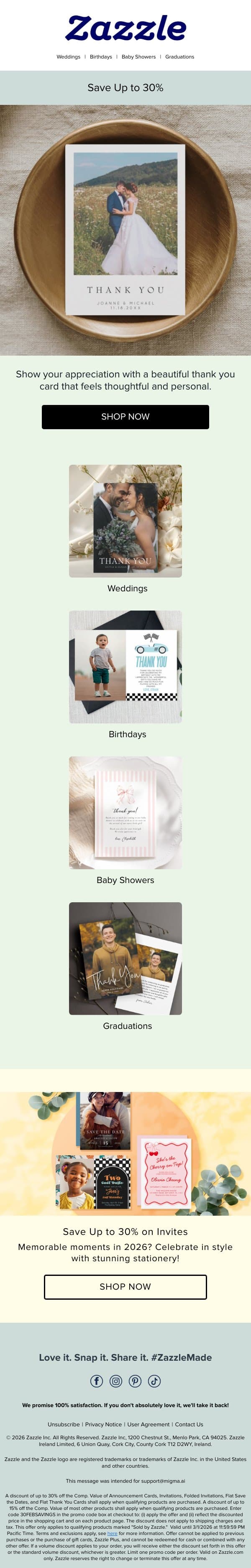 Save Up to 30% on Thank You Cards! email from Zazzle screenshot