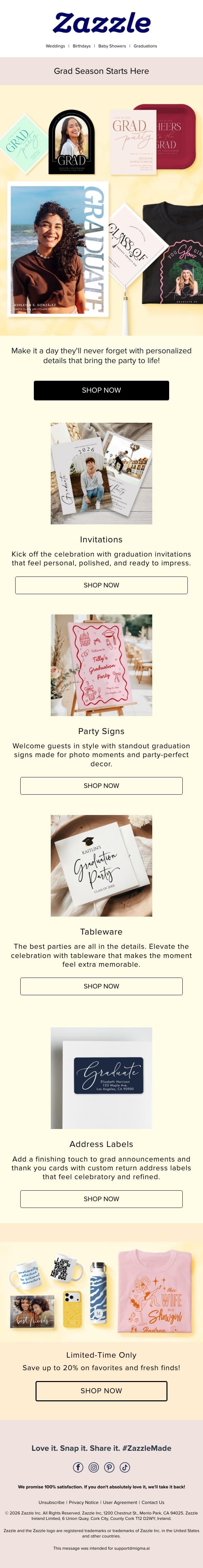 Grad Season Starts Here 🎓 email from Zazzle screenshot
