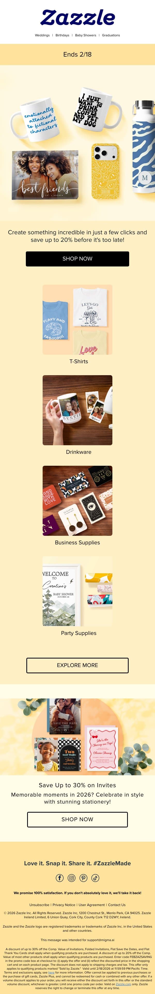 Ends Soon: Save 20% on Your Faves! email from Zazzle screenshot