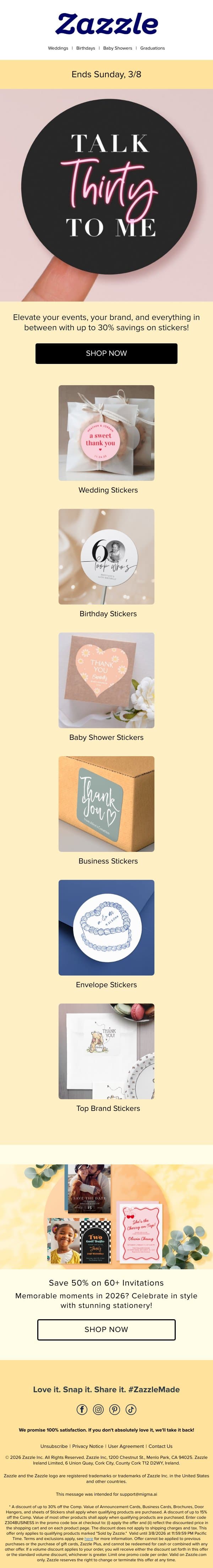 ⏰ Ends Soon: Save Up to 30% on Stickers! email from Zazzle screenshot