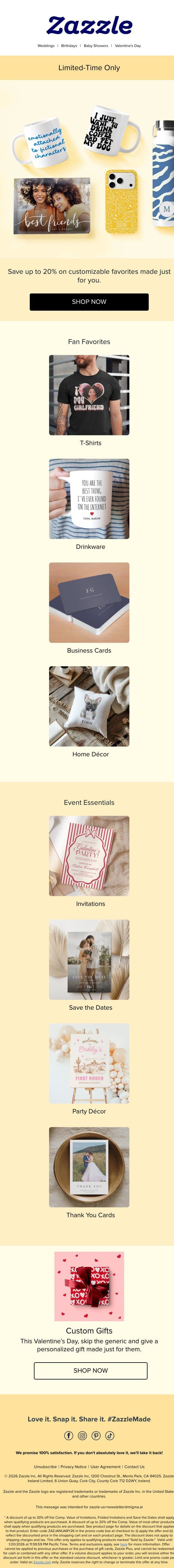 Starts Now: Save 20% Inside 🙌 email from Zazzle screenshot
