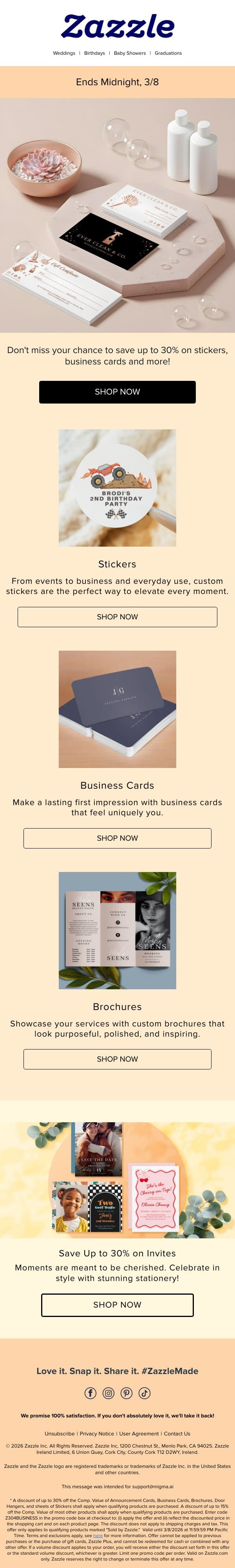 Ends Midnight: Save Up to 30% Inside! email from Zazzle screenshot