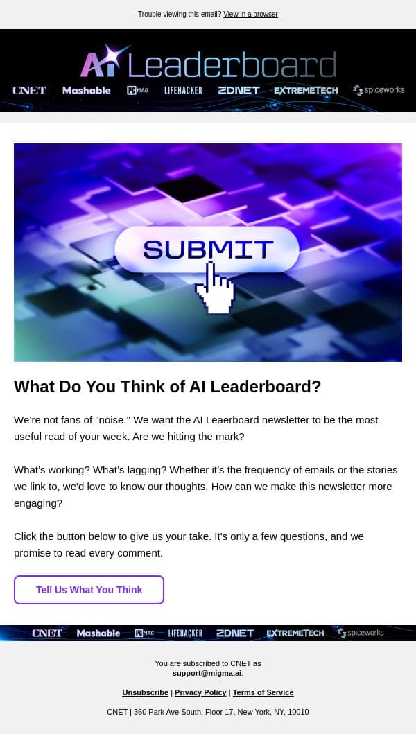 What Do You Think of AI Leaderboard? email from ZDNet screenshot