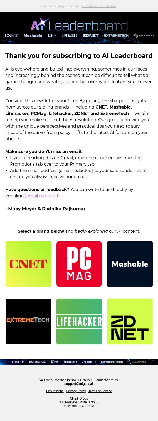 🤖 Welcome to AI Leaderboard email from ZDNet screenshot