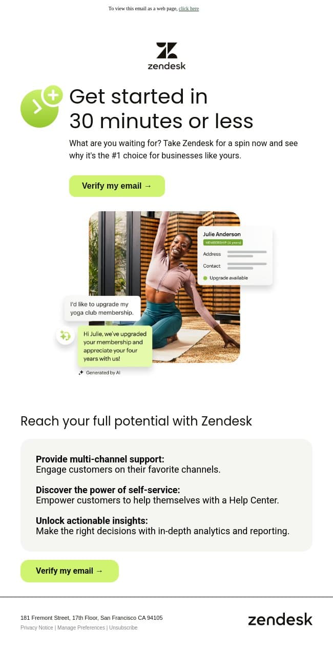 Go from setup to support in 30 minutes ⚡ email from Zendesk screenshot