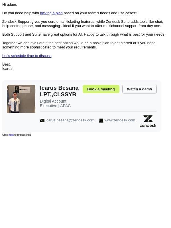 Zendesk plans & pricing email from Zendesk screenshot