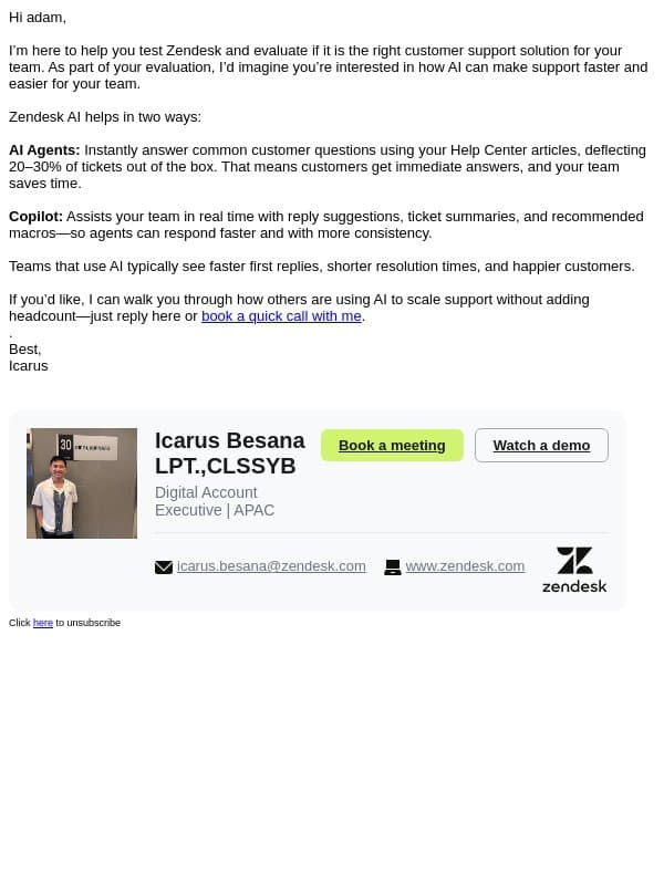 See Zendesk AI in action during your trial email from Zendesk screenshot