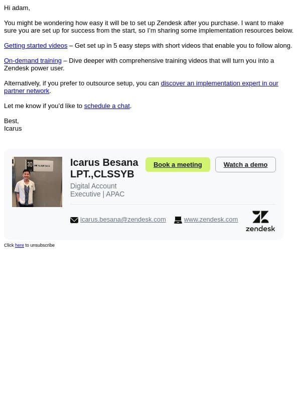 Zendesk implementation plan & resources email from Zendesk screenshot
