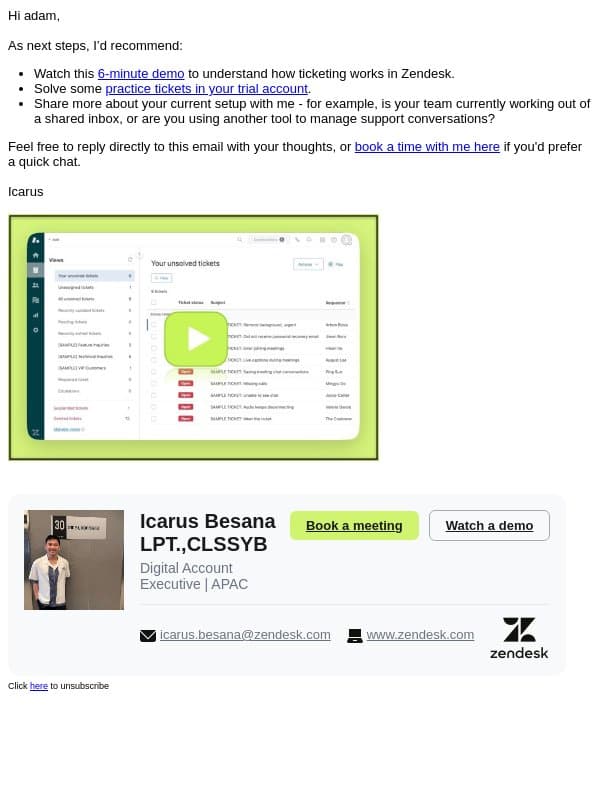 Practice solving tickets in Zendesk email from Zendesk screenshot
