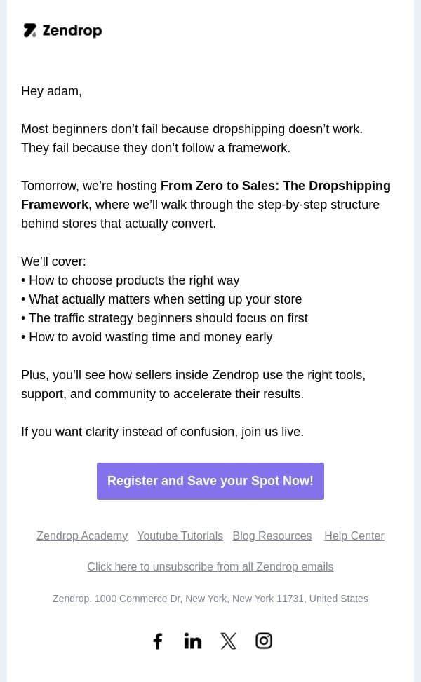 From Zero to Sales — Free Live Training Tomorrow! email from Zendrop screenshot