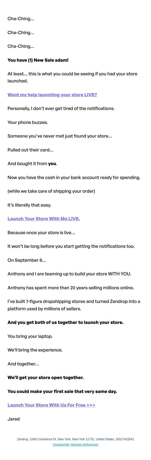 (1) New Sale For adam! email from Zendrop screenshot