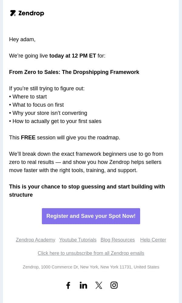 From Zero to Sales — Free Live Training Today! email from Zendrop screenshot