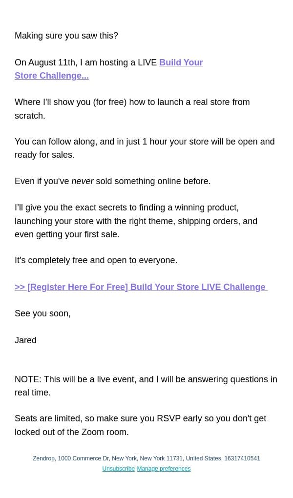 RSVP needed email from Zendrop screenshot