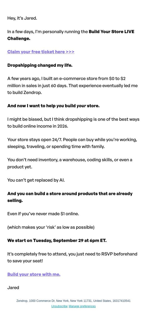 Dropshipping changed my life email from Zendrop screenshot