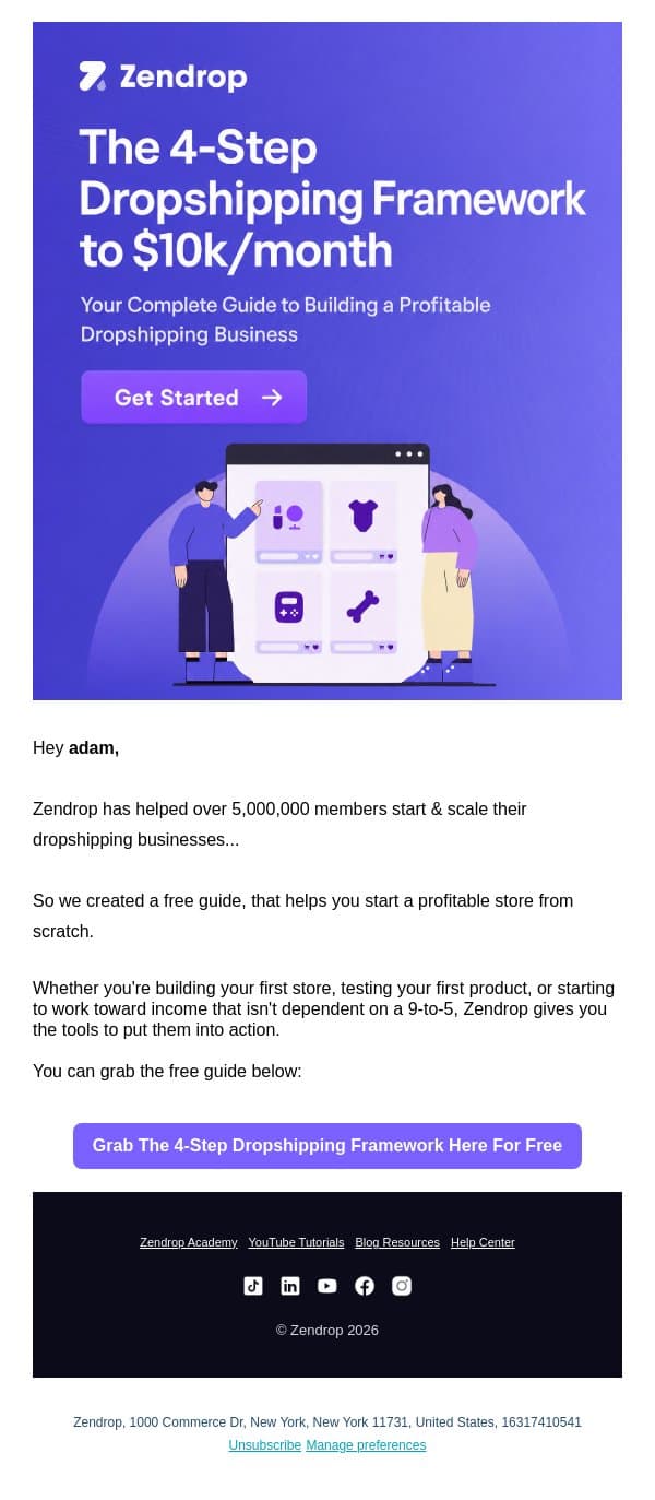 From $0 to your first $10K. Free playbook. 📘 email from Zendrop screenshot