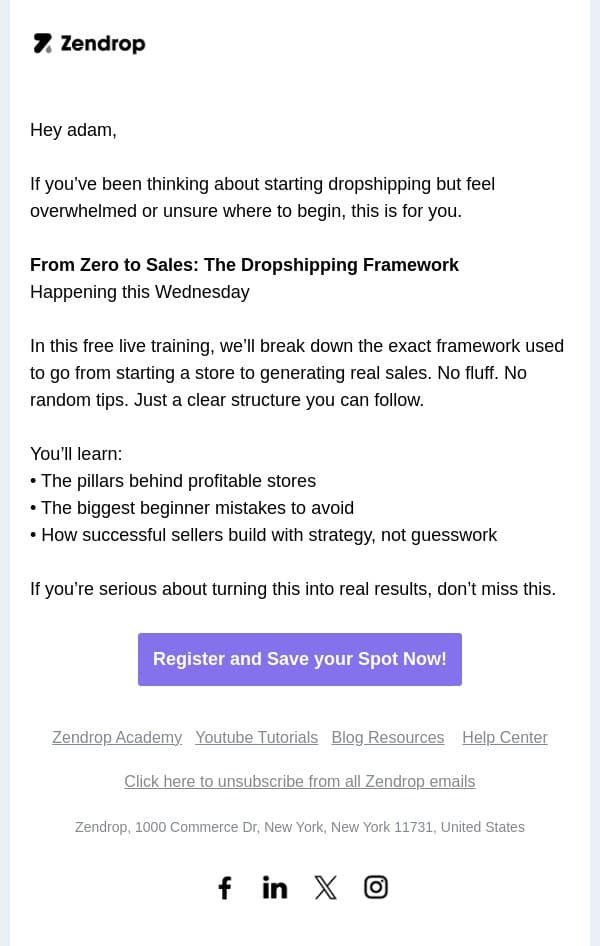 From Zero to Sales — Live Training This Week email from Zendrop screenshot
