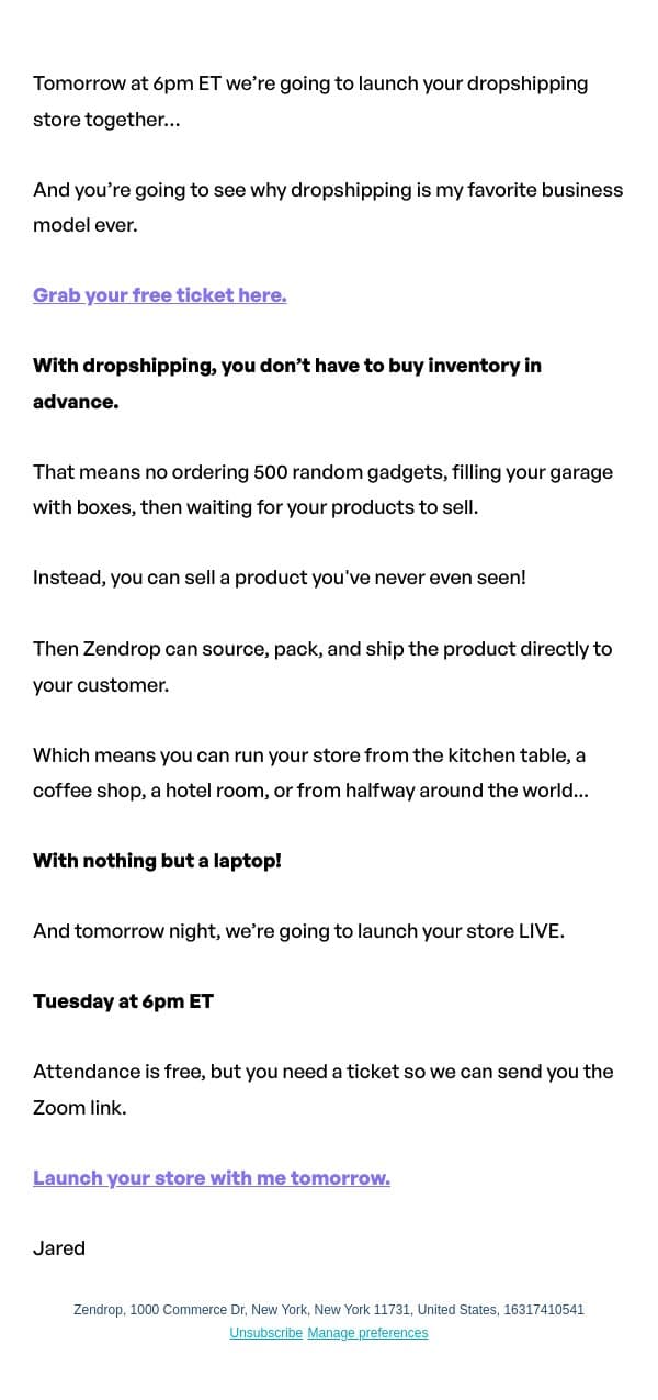 See you tomorrow! email from Zendrop screenshot