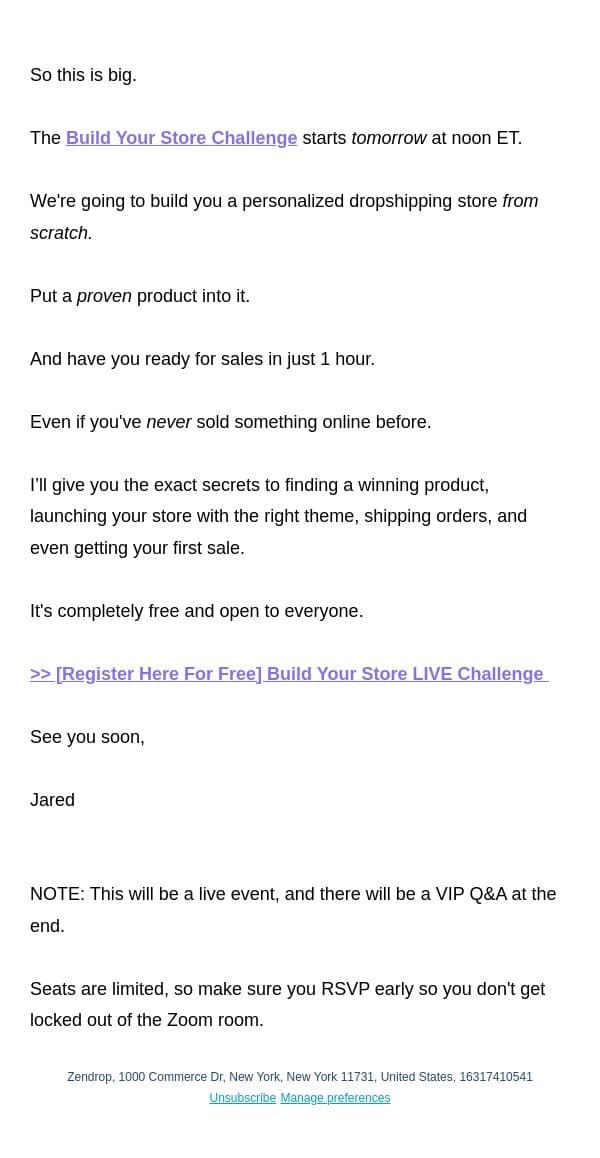 see you tomorrow? email from Zendrop screenshot
