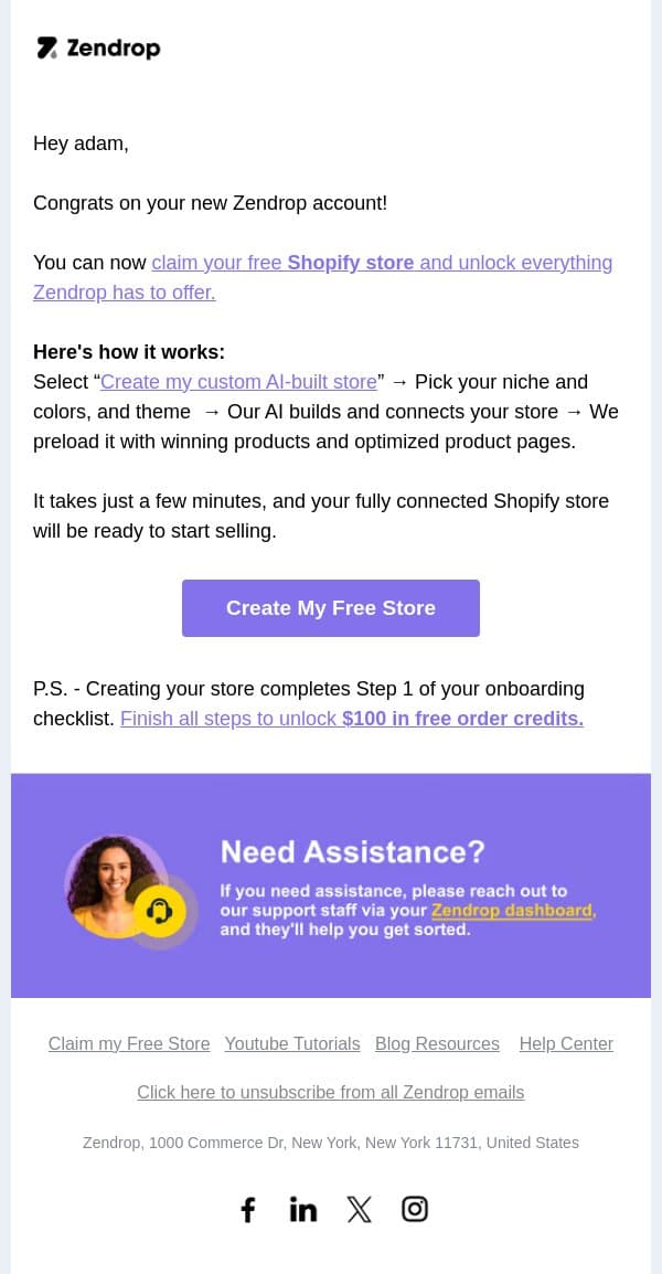 Your Zendrop account is ready! email from Zendrop screenshot