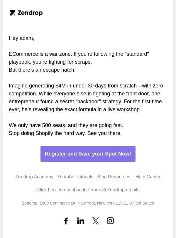 $4M in 30 days, learn how it was done email from Zendrop screenshot