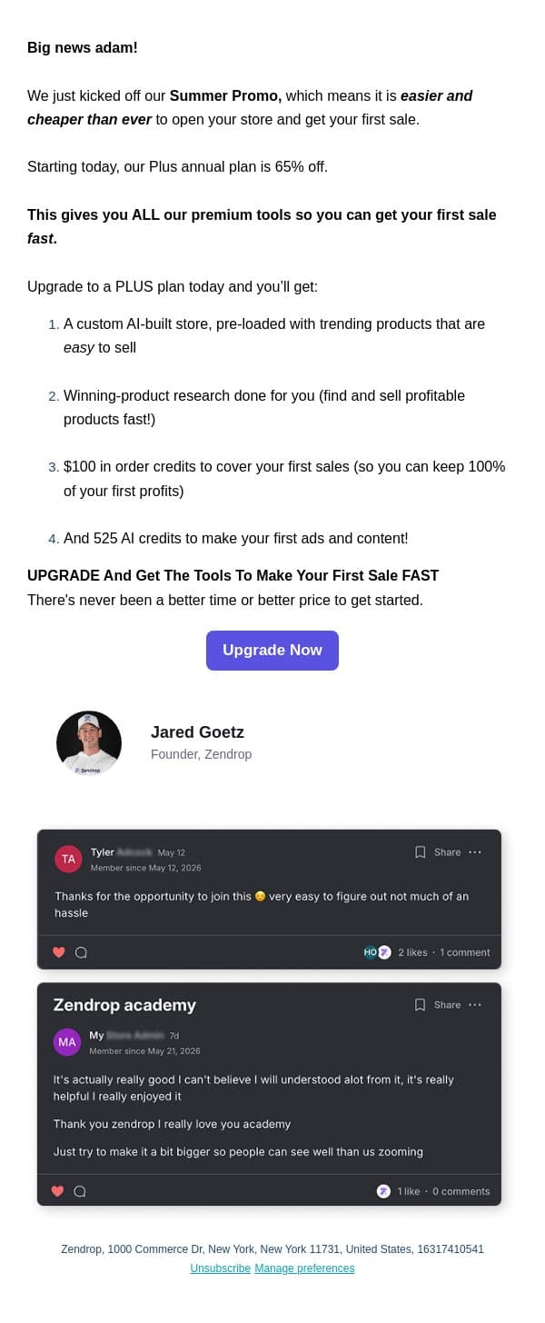 Open Your Store Today email from Zendrop screenshot