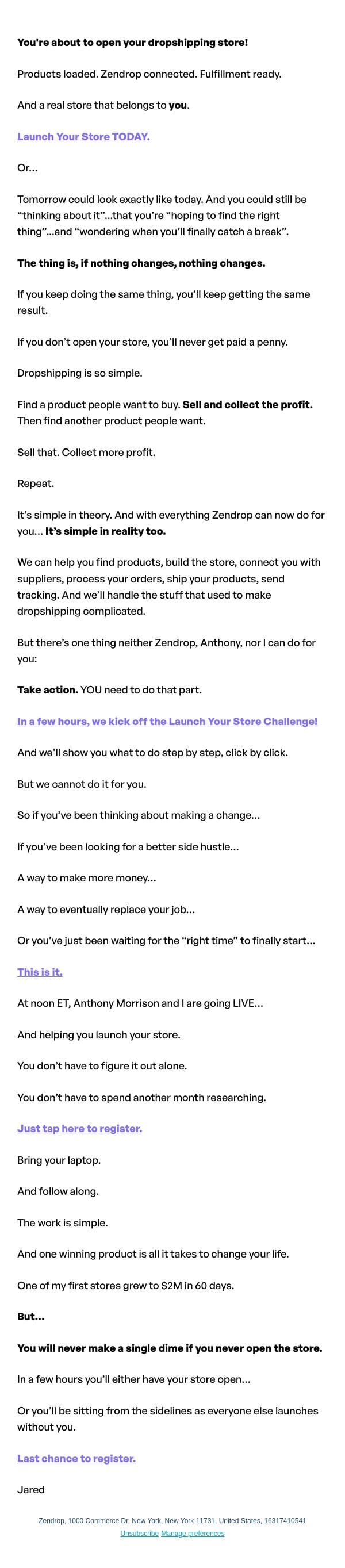 [Launch Day] You in? email from Zendrop screenshot