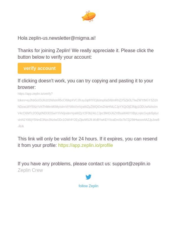 Please verify your email address email from Zeplin screenshot