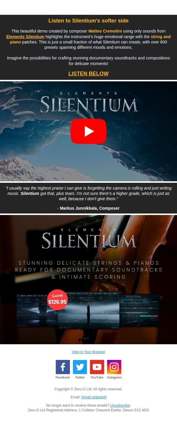 🎻🎹Silentium's stunning strings and pianos email from Zero-G screenshot