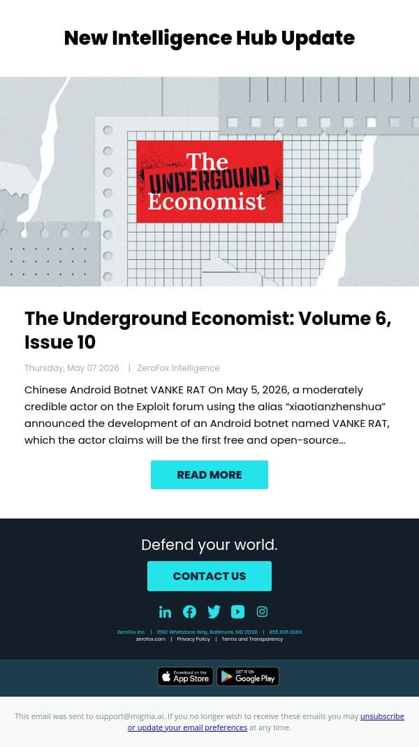 New Intelligence Hub Update - The Underground Economist: Volume 6, Issue 10 email from ZeroFox screenshot