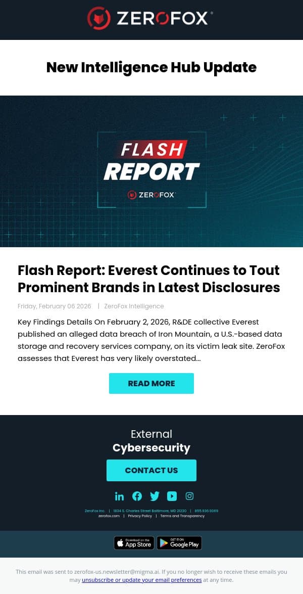 New Intelligence Hub Update - Flash Report: Everest Continues to Tout Prominent Brands in Latest Disclosures email from ZeroFox screenshot