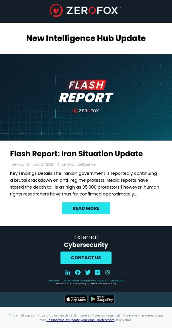 New Intelligence Hub Update - Flash Report: Iran Situation Update email from ZeroFox screenshot