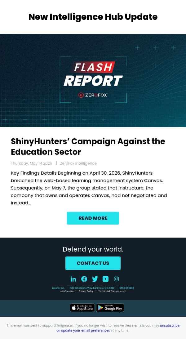 New Intelligence Hub Update - ShinyHunters’ Campaign Against the Education Sector email from ZeroFox screenshot