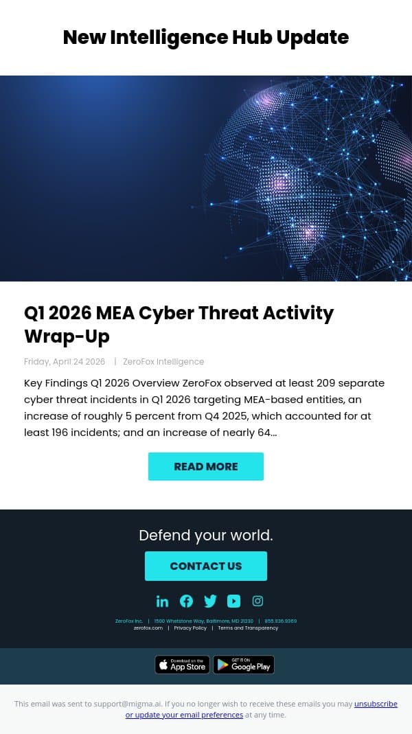 New Intelligence Hub Update - Q1 2026 MEA Cyber Threat Activity Wrap-Up email from ZeroFox screenshot