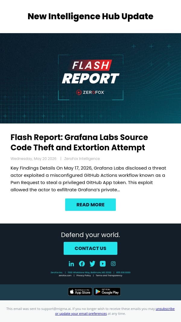 New Intelligence Hub Update - Flash Report: Grafana Labs Source Code Theft and Extortion Attempt email from ZeroFox screenshot